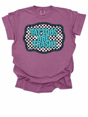 Women’s Purple Graphic Tee with Checkerboard and Teal tattoos are trashy